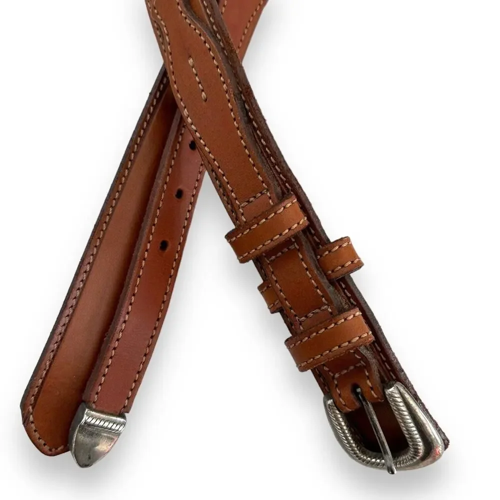 Unisex Western Belt Sz S/M 3D Brown Leather Silver Buckle Braided Details